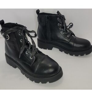 Joie Black Kids Metallic Laces Combat Boots Rhinestone Buckle & Side Zip Sz3 Y2K